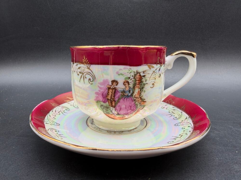 Vintage Seyei Teacup Saucer Fragonard Style Courting Couple Burgundy Lusterware